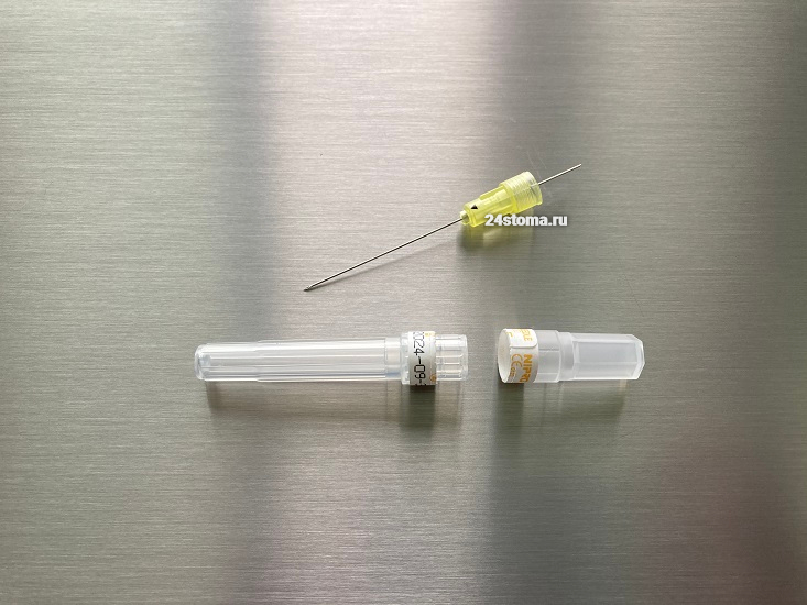 Игла для карпульного шприца (меньшая часть иглы вставляется внутрь карпулы анестетика)