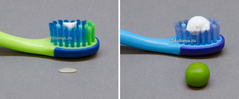 Объем зубной пасты с фтором для детей до 2 лет (слева – зубная паста с 1000 ppm фтора размером с рисовое зерно, справа – 500 ppm объем пасты размером с небольшую горошину)